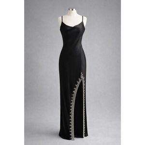 Mac Duggal Black Satin Evening Gown Size 6 Beaded Slit Formal Dress